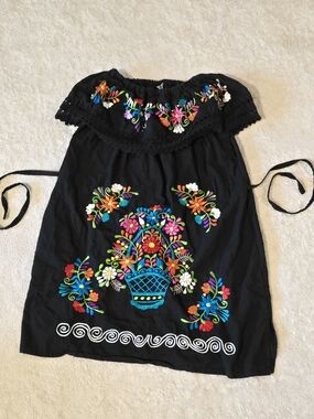 Jasbel Textiles Embroidered Black Mexican Puebla Dress — Size L